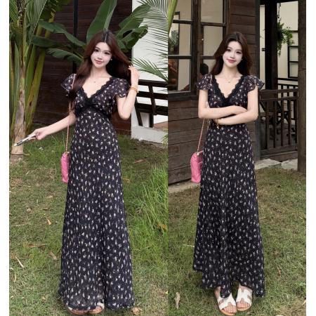 BY18635# 大码夏季法式蕾丝优雅收腰雪纺碎花连衣裙女纯欲度假长裙夏 服裝批發女裝批發服飾貨源