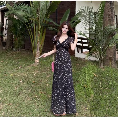 BY18635# 大码夏季法式蕾丝优雅收腰雪纺碎花连衣裙女纯欲度假长裙夏 服裝批發女裝批發服飾貨源