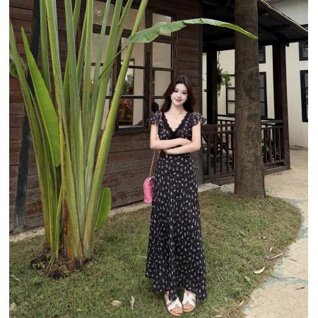 BY18635# 大码夏季法式蕾丝优雅收腰雪纺碎花连衣裙女纯欲度假长裙夏 服裝批發女裝批發服飾貨源