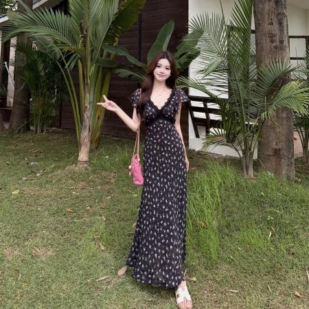 BY18635# 大码夏季法式蕾丝优雅收腰雪纺碎花连衣裙女纯欲度假长裙夏 服裝批發女裝批發服飾貨源