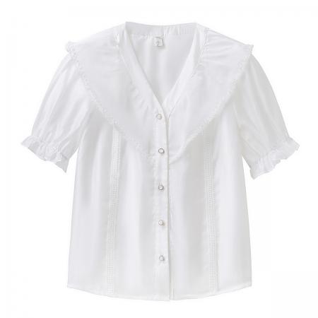 BY18640# 白色V领衬衫女新款夏季荷叶边气质雪纺上衣短袖遮肚子雪纺衫 服裝批發女裝批發服飾貨源