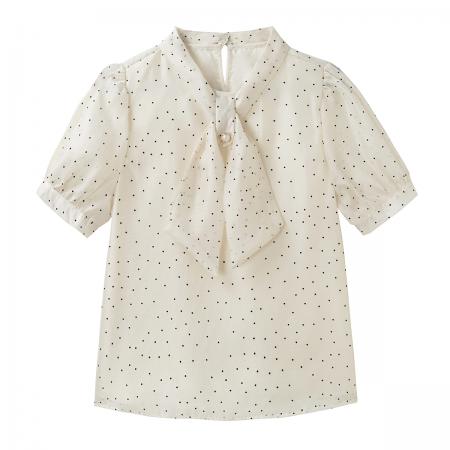 BY18644# 植绒短袖波点领结飘带雪纺衬衫女夏季新款法式气质小清新上衣 服裝批發女裝批發服飾貨源