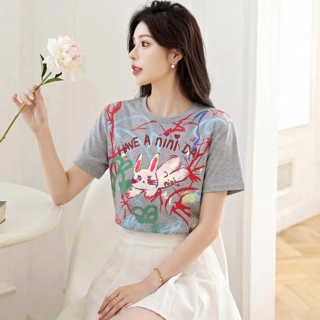 BY18645# 设计感卡通印花短袖t恤女夏季新款薄款正肩修身短款上衣 服裝批發女裝批發服飾貨源