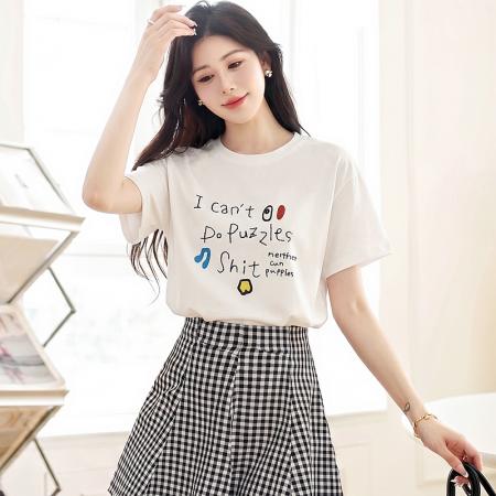 BY18647# 白色刺绣字母圆领短袖T恤女夏宽松休闲减龄百搭半袖体恤上衣 服裝批發女裝批發服飾貨源