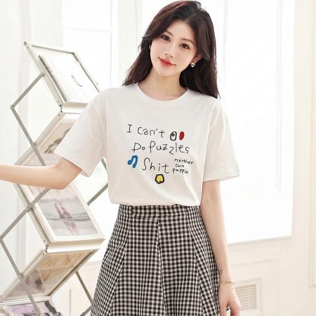 BY18647# 白色刺绣字母圆领短袖T恤女夏宽松休闲减龄百搭半袖体恤上衣 服裝批發女裝批發服飾貨源