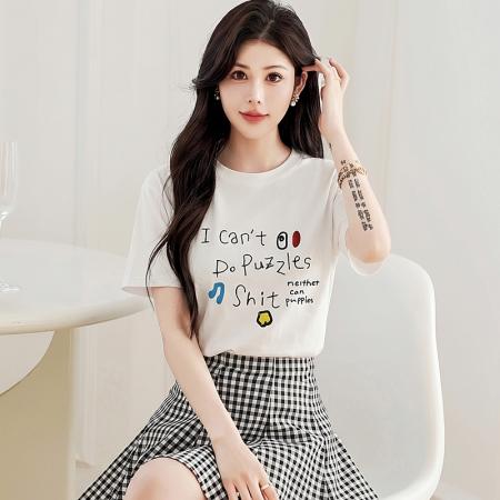 BY18647# 白色刺绣字母圆领短袖T恤女夏宽松休闲减龄百搭半袖体恤上衣 服裝批發女裝批發服飾貨源