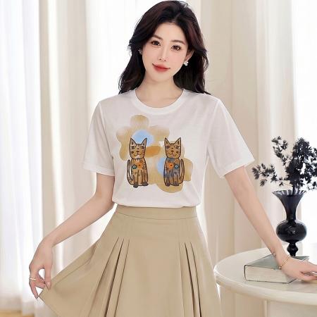 BY18648# 莱赛尔凉感防晒圆领T恤女夏季新款韩版卡通猫咪休闲印花上衣 服裝批發女裝批發服飾貨源