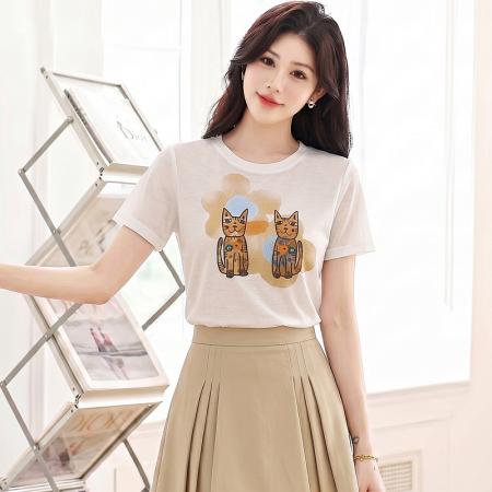 BY18648# 莱赛尔凉感防晒圆领T恤女夏季新款韩版卡通猫咪休闲印花上衣 服裝批發女裝批發服飾貨源