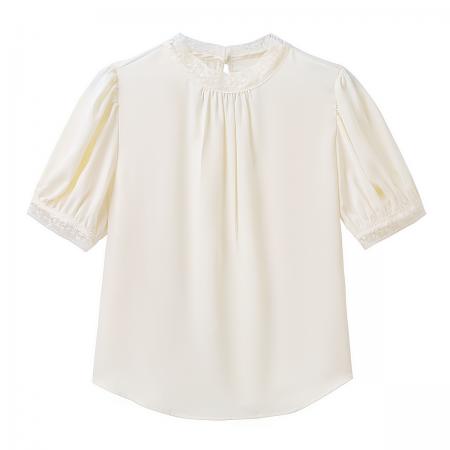 BY18650# 拼接立领短袖缎面衬衫女士夏季新款设计感褶皱杏色上衣 服裝批發女裝批發服飾貨源