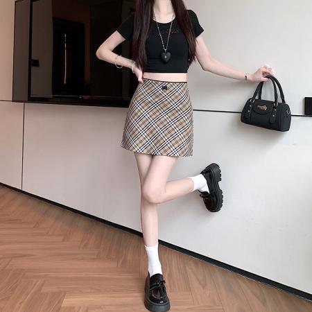BY18654# 新款切尔西复古格纹半身裙女蕾丝腰头辣妹包臀裙女 服裝批發女裝批發服飾貨源