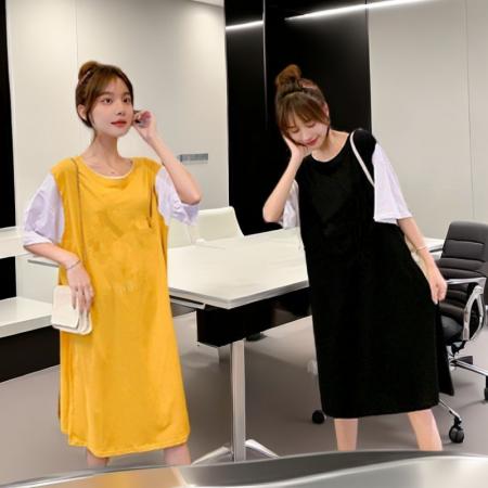 BY18655# 假两件女遮肚新款夏装时尚网红夏季休闲中长款大码t恤连衣裙 服裝批發女裝批發服飾貨源