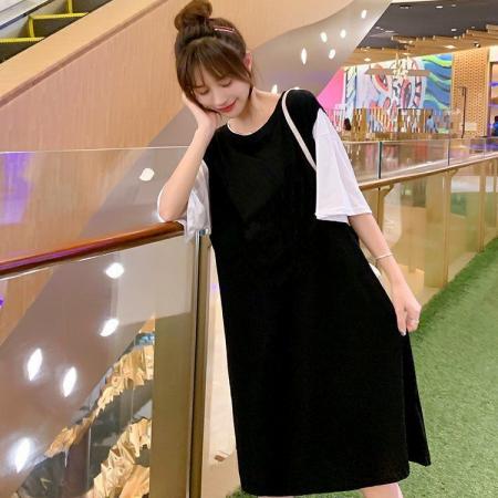 BY18655# 假两件女遮肚新款夏装时尚网红夏季休闲中长款大码t恤连衣裙 服裝批發女裝批發服飾貨源