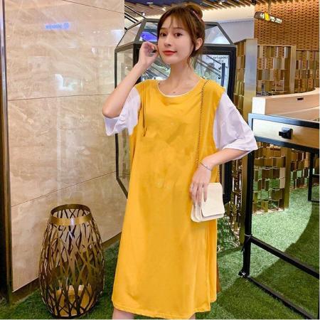 BY18655# 假两件女遮肚新款夏装时尚网红夏季休闲中长款大码t恤连衣裙 服裝批發女裝批發服飾貨源