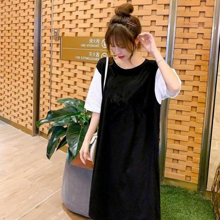 BY18655# 假两件女遮肚新款夏装时尚网红夏季休闲中长款大码t恤连衣裙 服裝批發女裝批發服飾貨源