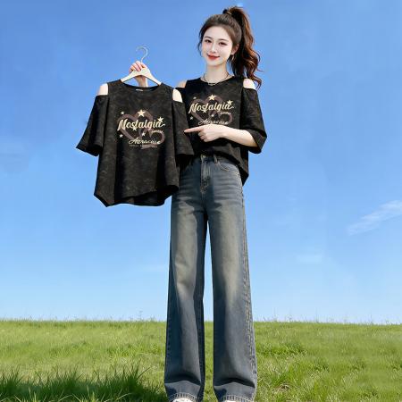 BY18657# 酷丝爽棉罗纹大码露肩t恤女夏季新款显瘦短袖上衣 服裝批發女裝批發服飾貨源