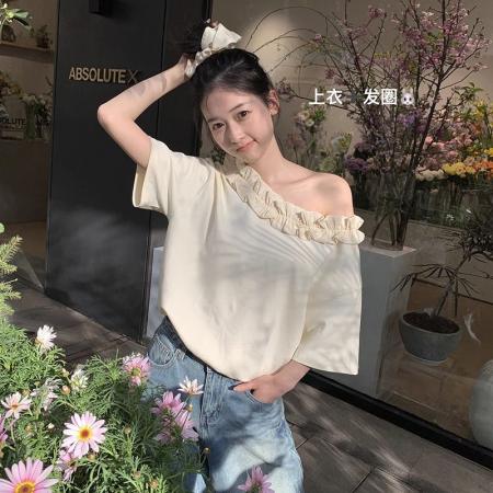 BY18658# 纯棉夏季新款正肩短袖女显瘦别致小众斜肩设计感上衣 服裝批發女裝批發服飾貨源