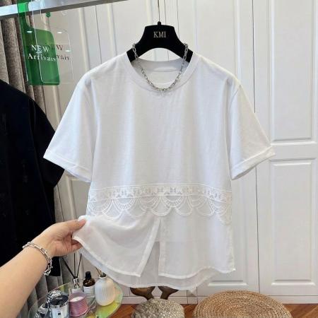 BY18659# 大码黑色白色蕾丝拼接网纱假两件短袖T恤女夏宽松上衣 服裝批發女裝批發服飾貨源
