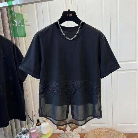 BY18659# 大码黑色白色蕾丝拼接网纱假两件短袖T恤女夏宽松上衣 服裝批發女裝批發服飾貨源