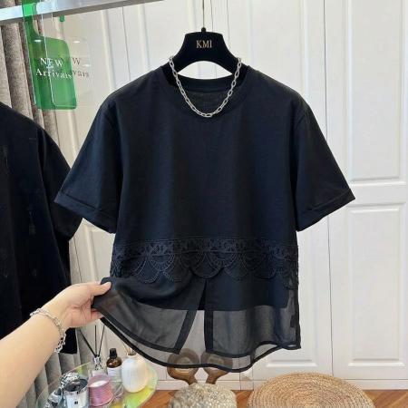 BY18659# 大码黑色白色蕾丝拼接网纱假两件短袖T恤女夏宽松上衣 服裝批發女裝批發服飾貨源