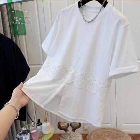 BY18659# 大码黑色白色蕾丝拼接网纱假两件短袖T恤女夏宽松上衣 服裝批發女裝批發服飾貨源