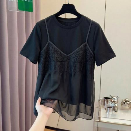 BY18660# 大码法式蕾丝钩花吊带拼接假两件短袖T恤女夏季胖mm宽松上衣 服裝批發女裝批發服飾貨源