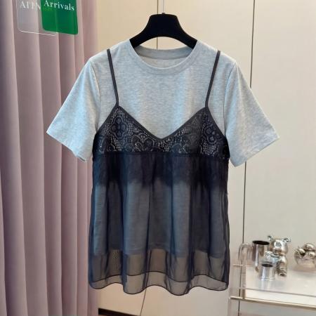 BY18660# 大码法式蕾丝钩花吊带拼接假两件短袖T恤女夏季胖mm宽松上衣 服裝批發女裝批發服飾貨源