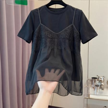 BY18660# 大码法式蕾丝钩花吊带拼接假两件短袖T恤女夏季胖mm宽松上衣 服裝批發女裝批發服飾貨源