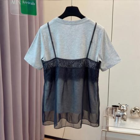 BY18660# 大码法式蕾丝钩花吊带拼接假两件短袖T恤女夏季胖mm宽松上衣 服裝批發女裝批發服飾貨源