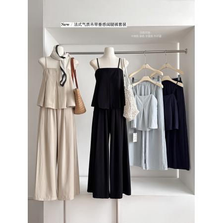 BY18661# 法式简约气质甜美吊带时尚套装减龄设计感无袖上衣阔腿裤女 服裝批發女裝批發服飾貨源