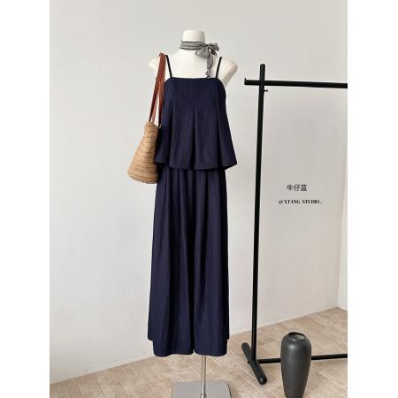 BY18661# 法式简约气质甜美吊带时尚套装减龄设计感无袖上衣阔腿裤女 服裝批發女裝批發服飾貨源