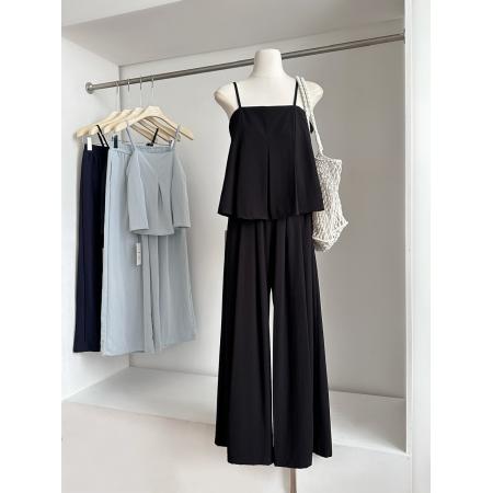 BY18661# 法式简约气质甜美吊带时尚套装减龄设计感无袖上衣阔腿裤女 服裝批發女裝批發服飾貨源