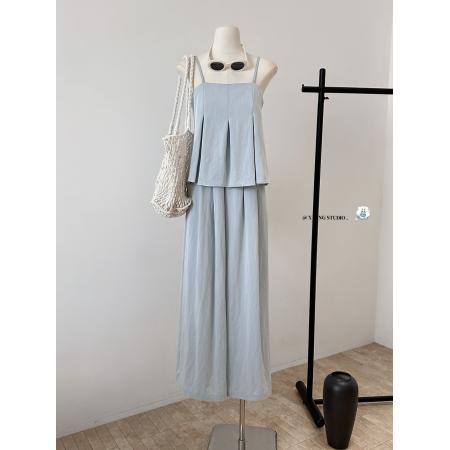 BY18661# 法式简约气质甜美吊带时尚套装减龄设计感无袖上衣阔腿裤女 服裝批發女裝批發服飾貨源