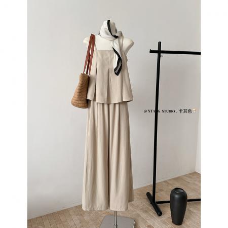 BY18661# 法式简约气质甜美吊带时尚套装减龄设计感无袖上衣阔腿裤女 服裝批發女裝批發服飾貨源