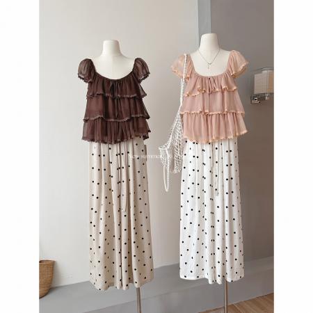 BY18663# 夏季新款松紧腰波点裤韩系麻料抽绳垂感休闲裤 服裝批發女裝批發服飾貨源