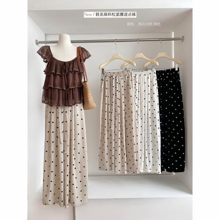 BY18663# 夏季新款松紧腰波点裤韩系麻料抽绳垂感休闲裤 服裝批發女裝批發服飾貨源