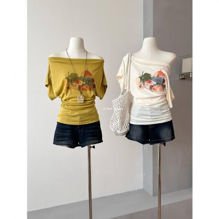 BY18664# 夏季韩系趣味印花百搭收腰小衫女夏新款显瘦百搭上衣 服裝批發女裝批發服飾貨源