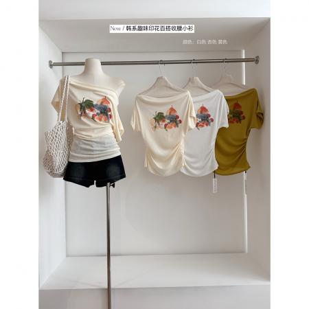 BY18664# 夏季韩系趣味印花百搭收腰小衫女夏新款显瘦百搭上衣 服裝批發女裝批發服飾貨源