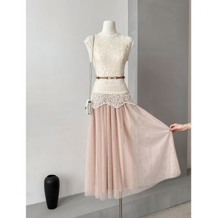 BY18665# 柔雾倾城法式轻奢氛围感时尚气质套装蕾丝花边上衣网纱半身裙套装 服裝批發女裝批發服飾貨源