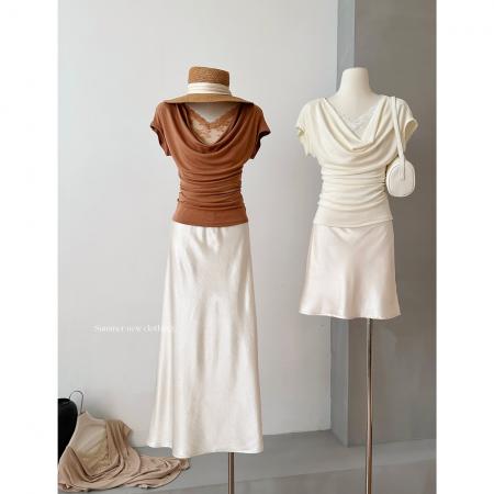 BY18666# 蕾丝拼接荡领短袖t恤女夏季新款褶皱收腰显瘦百搭半袖上衣 服裝批發女裝批發服飾貨源