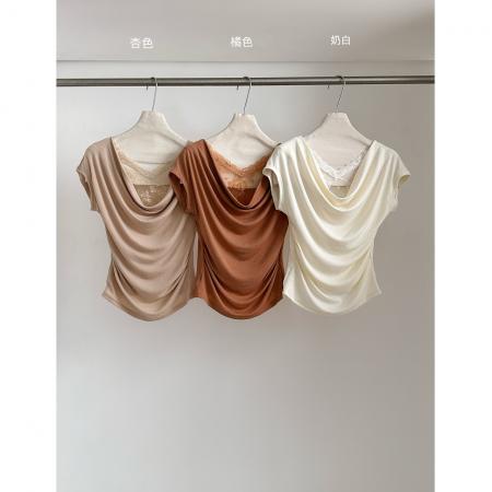 BY18666# 蕾丝拼接荡领短袖t恤女夏季新款褶皱收腰显瘦百搭半袖上衣 服裝批發女裝批發服飾貨源