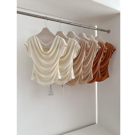 BY18666# 蕾丝拼接荡领短袖t恤女夏季新款褶皱收腰显瘦百搭半袖上衣 服裝批發女裝批發服飾貨源