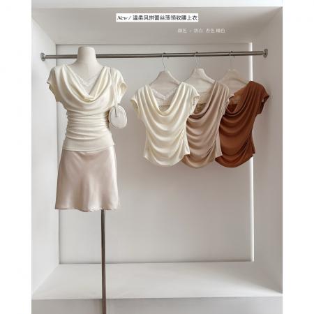 BY18666# 蕾丝拼接荡领短袖t恤女夏季新款褶皱收腰显瘦百搭半袖上衣 服裝批發女裝批發服飾貨源