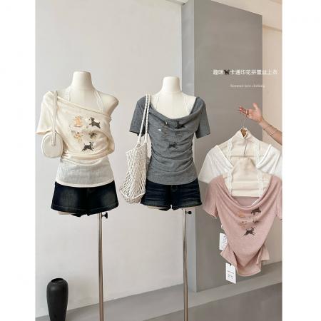 BY18667# 新款韩系夏季甜美休闲蕾丝拼接印花短袖假两件T恤 服裝批發女裝批發服飾貨源