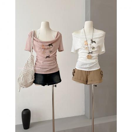 BY18667# 新款韩系夏季甜美休闲蕾丝拼接印花短袖假两件T恤 服裝批發女裝批發服飾貨源