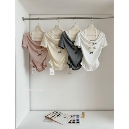 BY18667# 新款韩系夏季甜美休闲蕾丝拼接印花短袖假两件T恤 服裝批發女裝批發服飾貨源