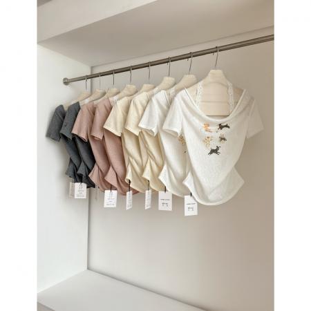 BY18667# 新款韩系夏季甜美休闲蕾丝拼接印花短袖假两件T恤 服裝批發女裝批發服飾貨源