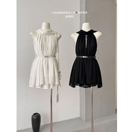 BY18668# 夏季新款女神挂脖飘带雪纺上衣+短裤套装配腰带 服裝批發女裝批發服飾貨源