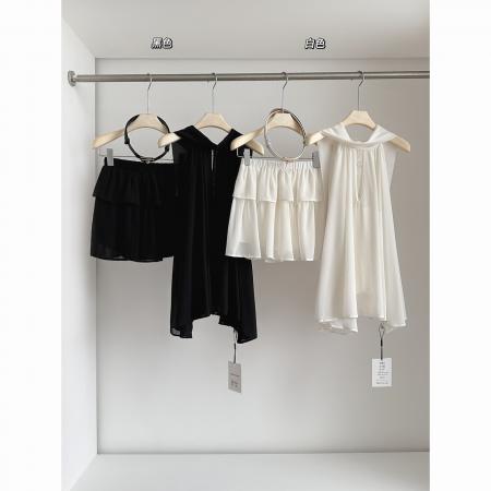 BY18668# 夏季新款女神挂脖飘带雪纺上衣+短裤套装配腰带 服裝批發女裝批發服飾貨源