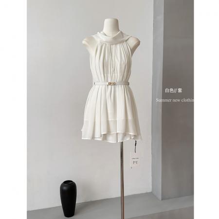 BY18668# 夏季新款女神挂脖飘带雪纺上衣+短裤套装配腰带 服裝批發女裝批發服飾貨源
