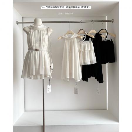 BY18668# 夏季新款女神挂脖飘带雪纺上衣+短裤套装配腰带 服裝批發女裝批發服飾貨源